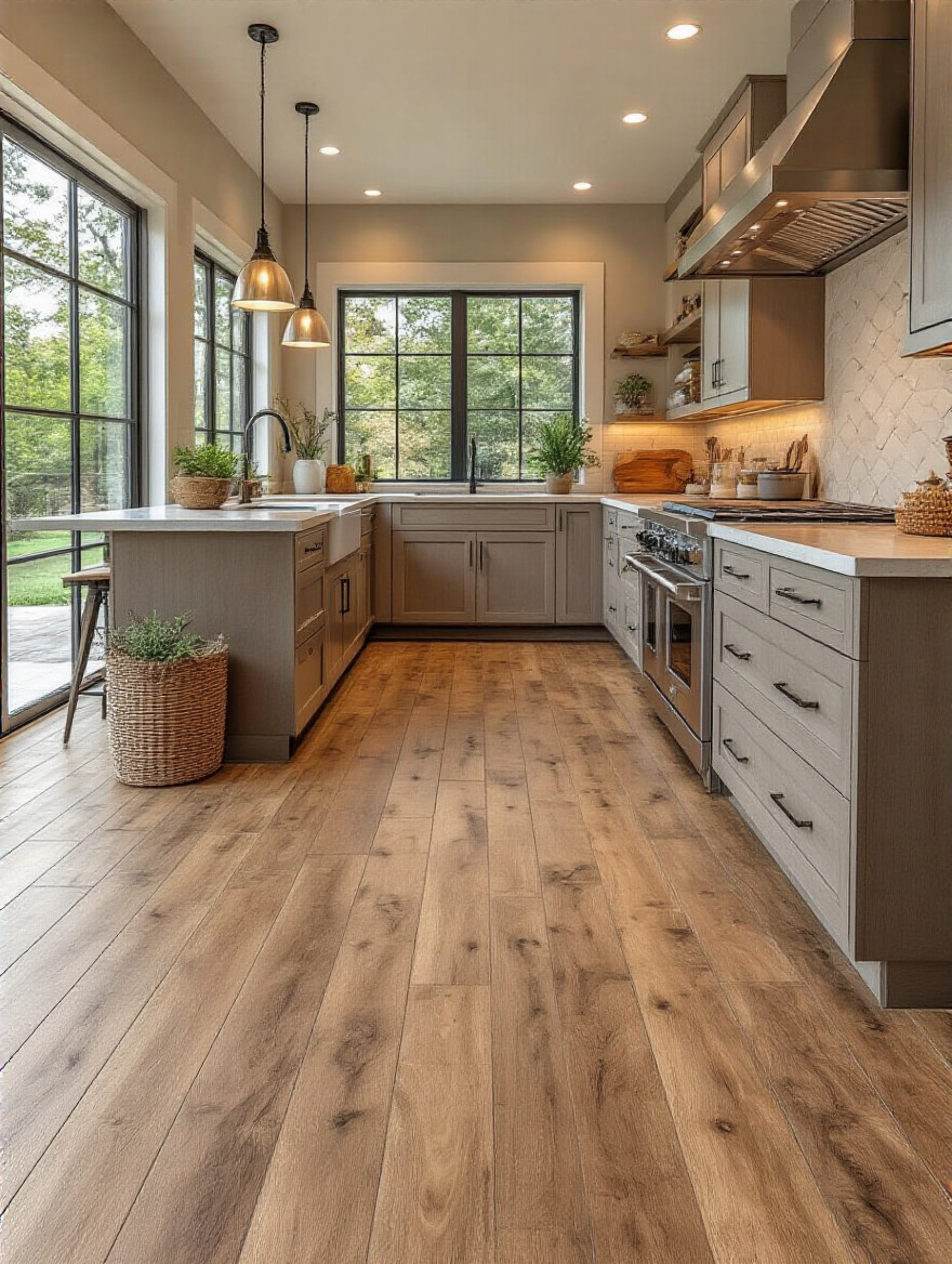 A modern kitchen with resilient flooring, showcasing its durability and aesthetic appeal.