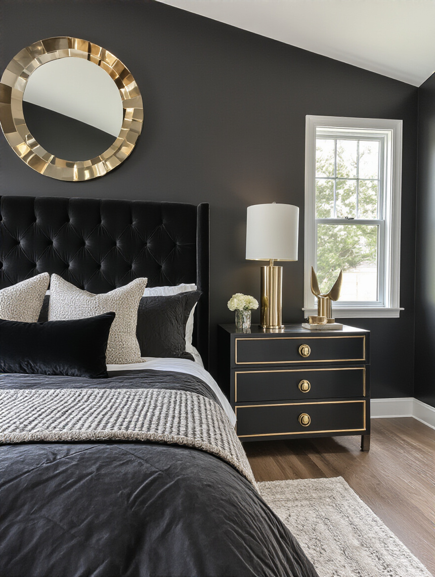Black bedroom with metallic accents including brass drawer pulls and chrome lamp creating sophisticated shine