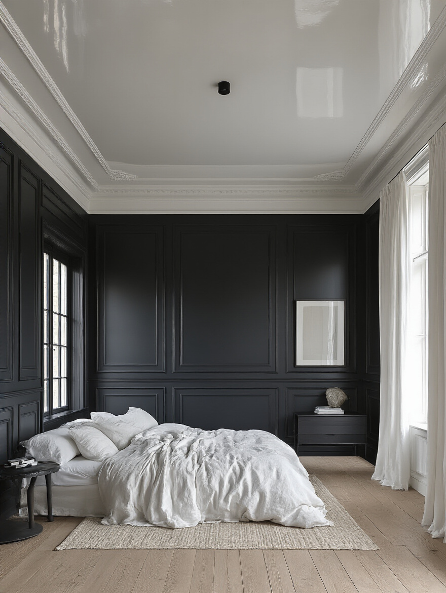 Sophisticated black bedroom with matte black walls and high-gloss black ceiling, light oak flooring, and white linens