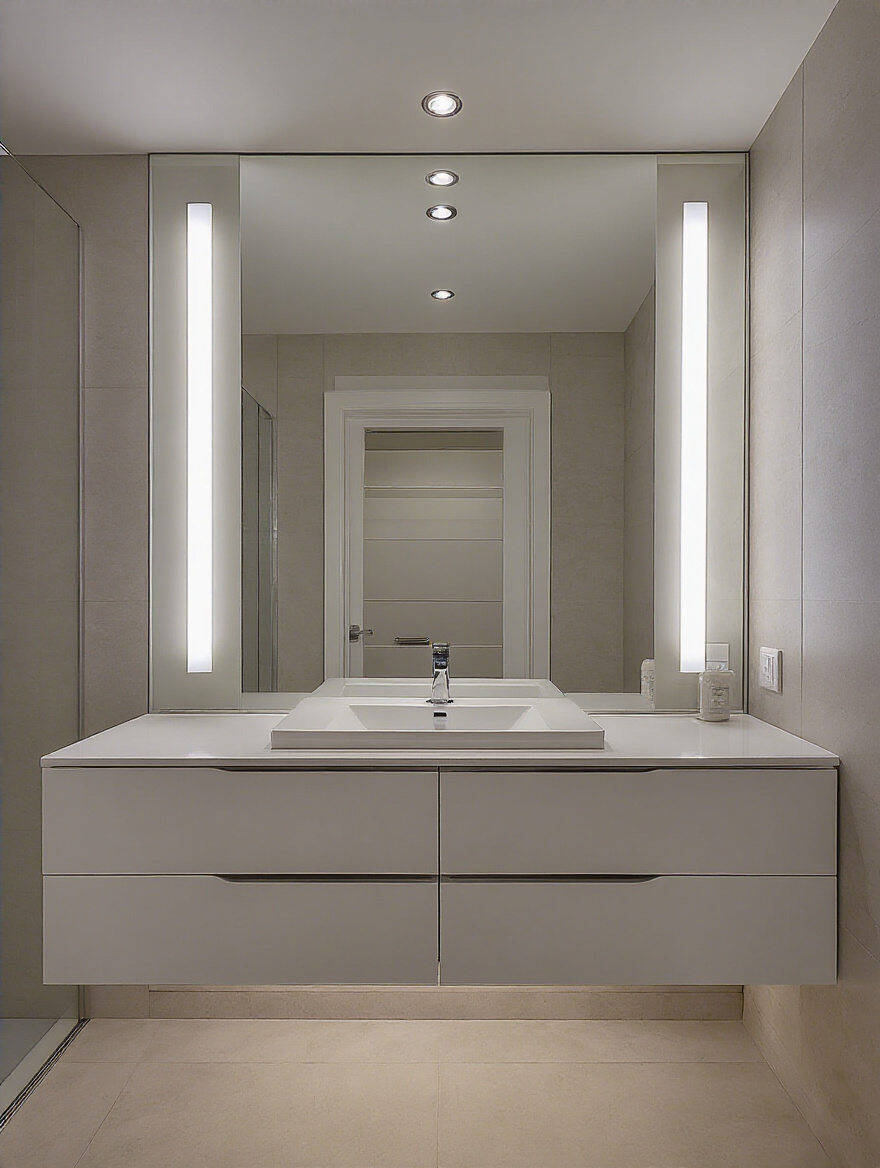 Modern bathroom vanity with strategically positioned vertical LED lights on either side of the mirror and overhead ambient lighting providing shadow-free illumination