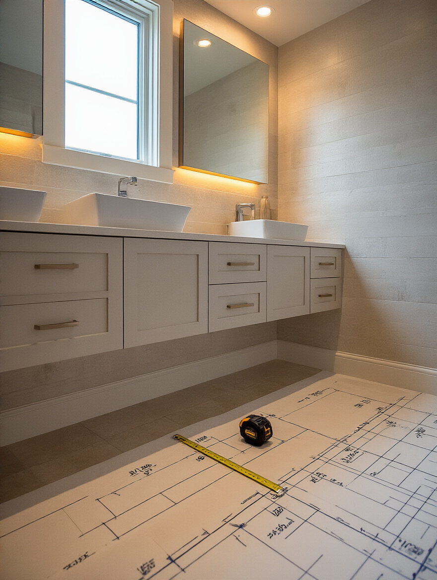 Empty bathroom vanity area with painter's tape markings and laser measuring tool showcasing precise bathroom space measurement
