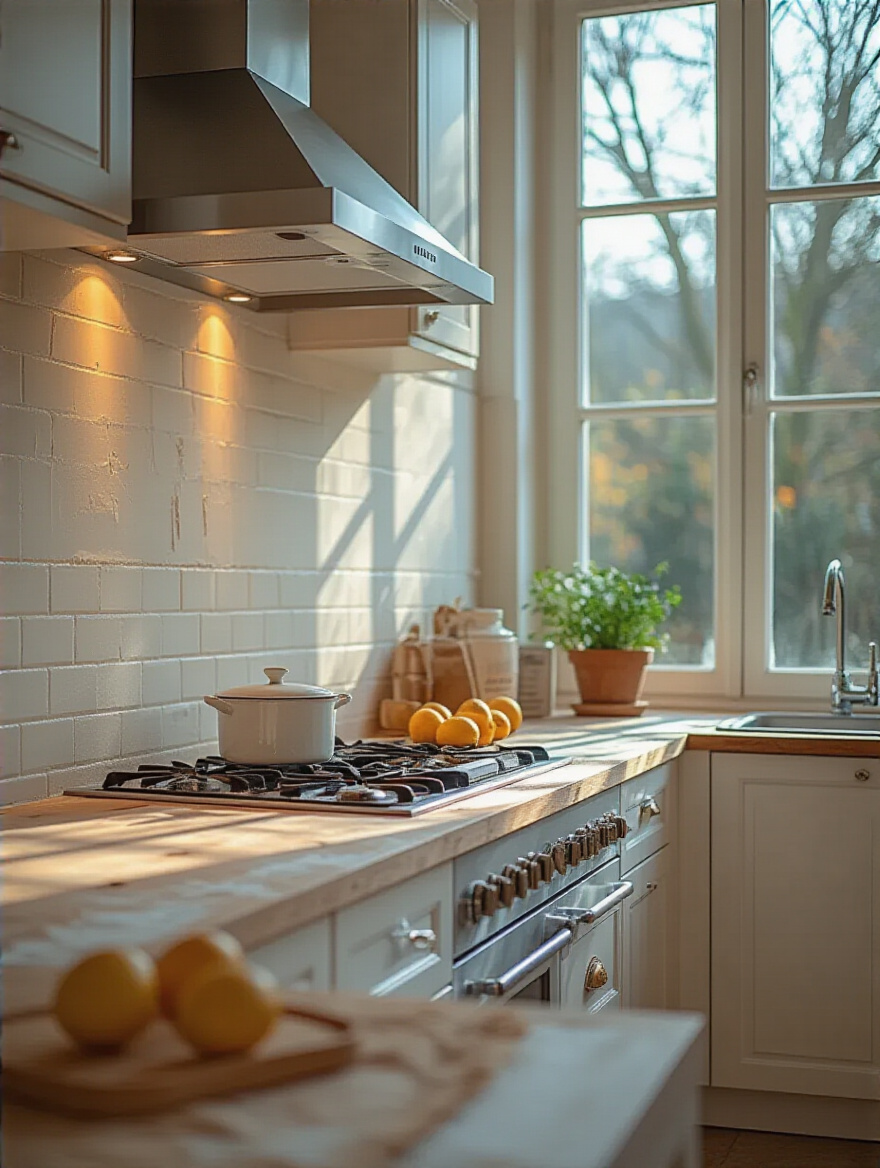 Close-up of a freshly prepared kitchen wall, ready for painting, showcasing smooth texture and clean surface.