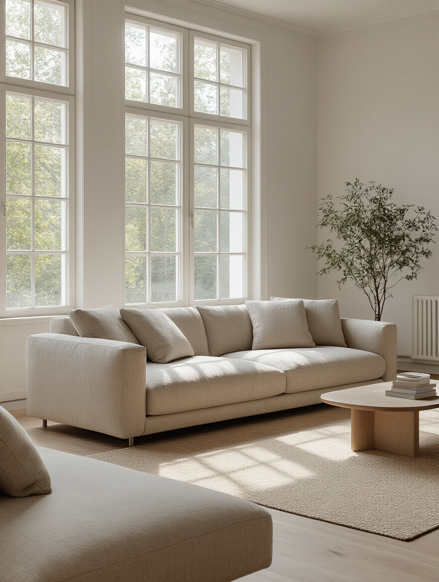 Minimalist living room featuring a deep-seated ergonomic sofa with natural lighting.