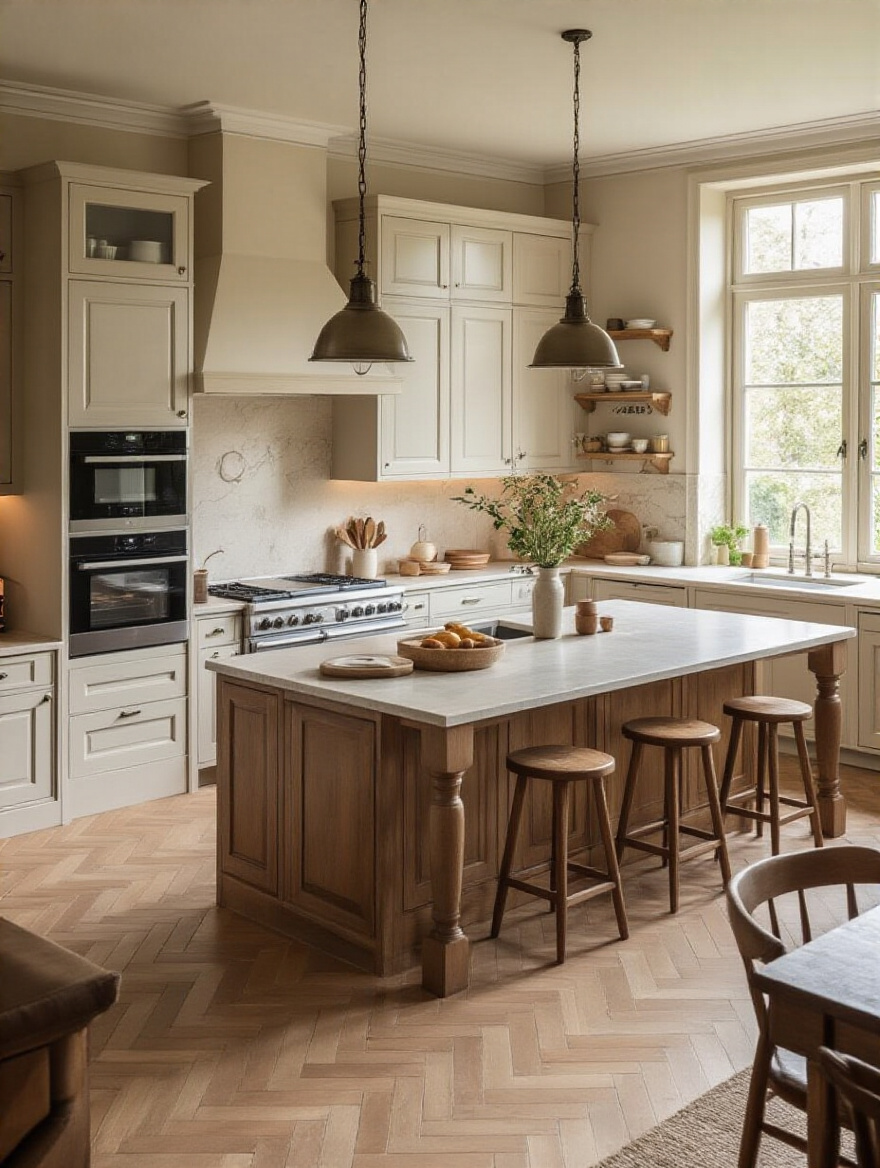 A modern kitchen layout emphasizing workflow efficiency and aesthetics with an open design and central island.