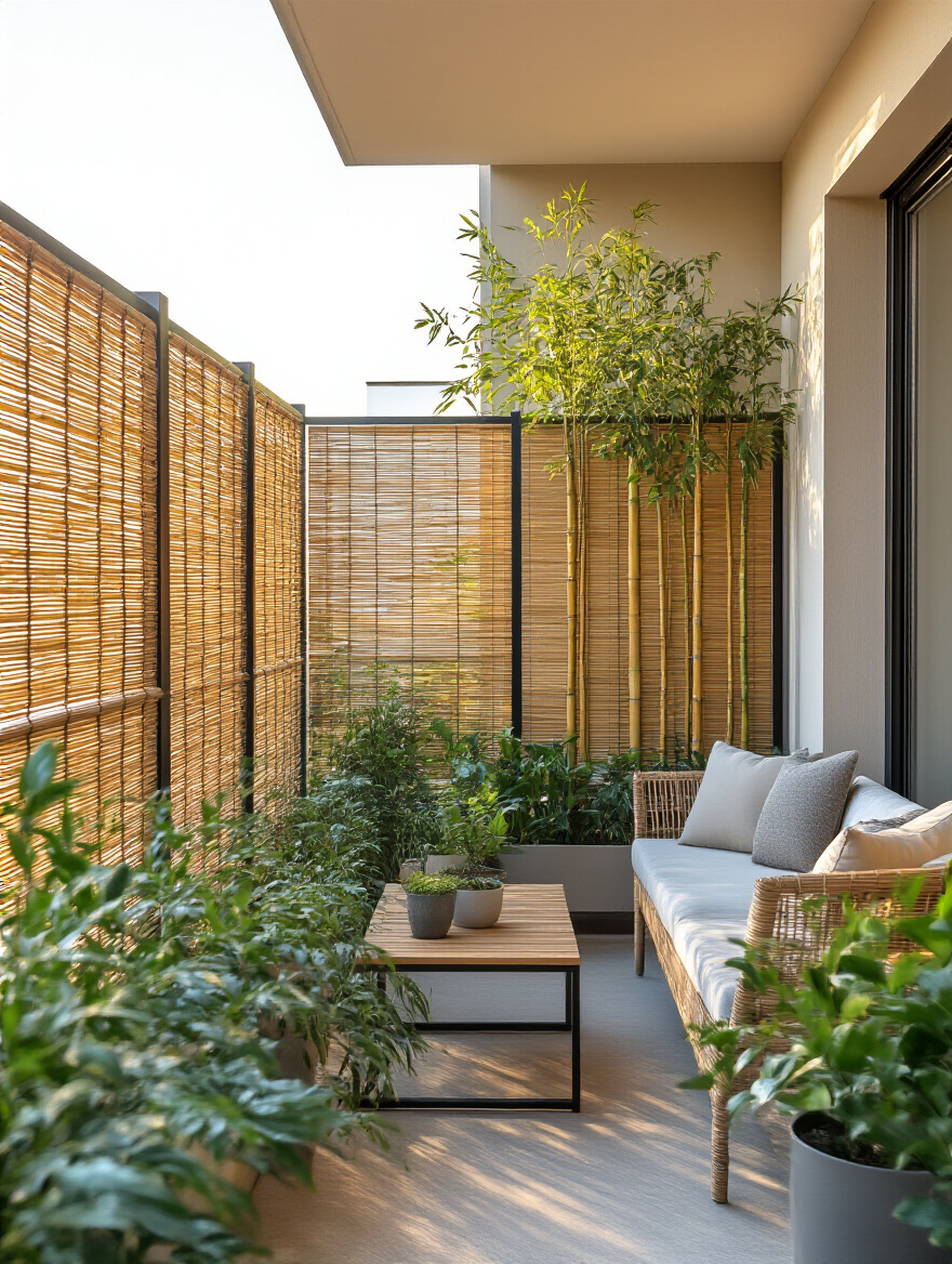 Urban balcony with bamboo privacy screening and tall potted plants creating a secluded outdoor space under warm natural light