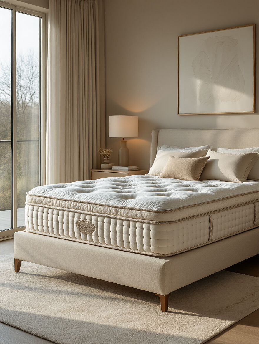 Luxurious master bedroom portrait with premium mattress and elegant bedding showcasing sleep comfort upgrade