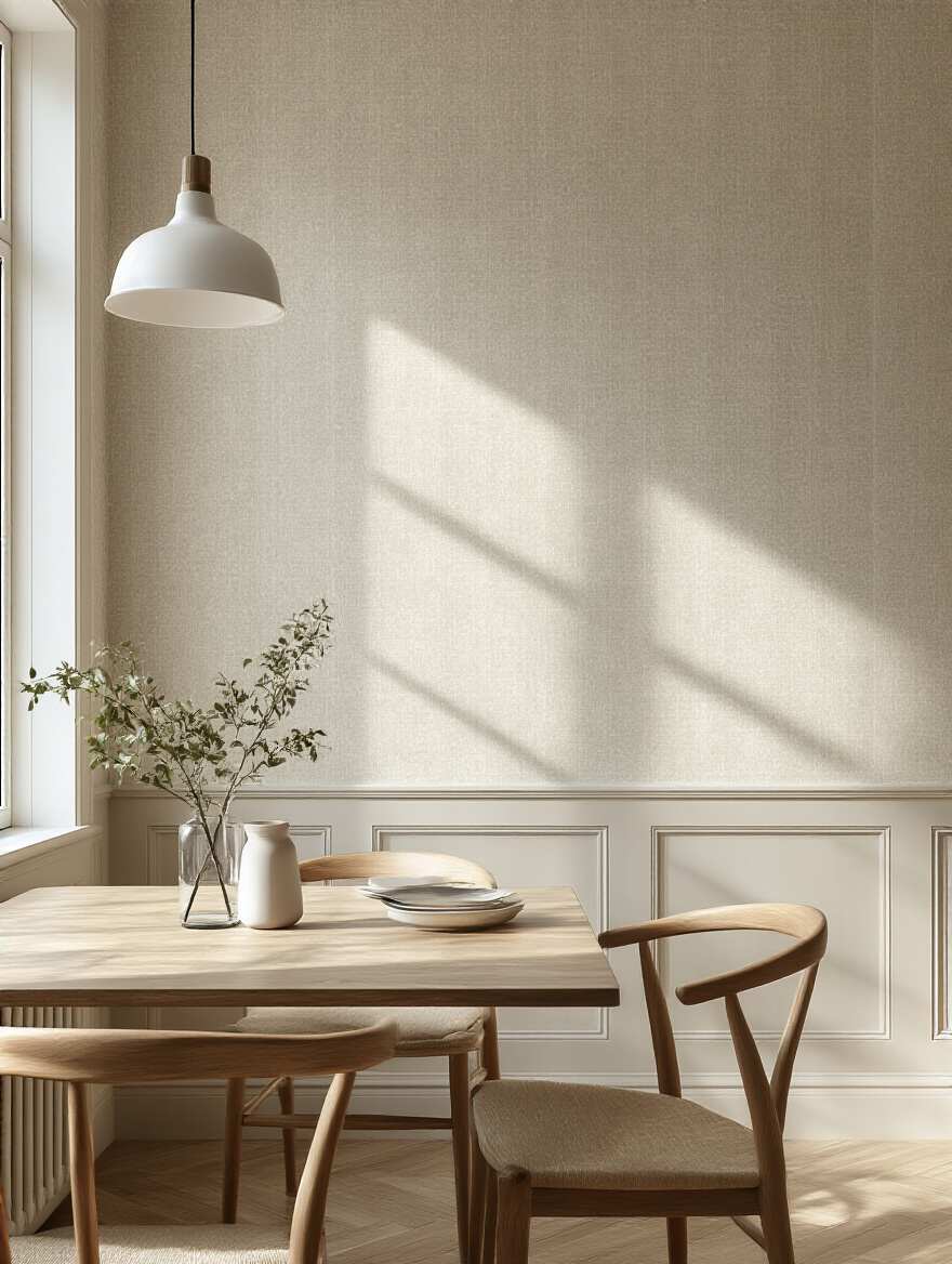 Durable and washable dining room wallpaper with subtle texture in a modern dining space, well-lit and clean