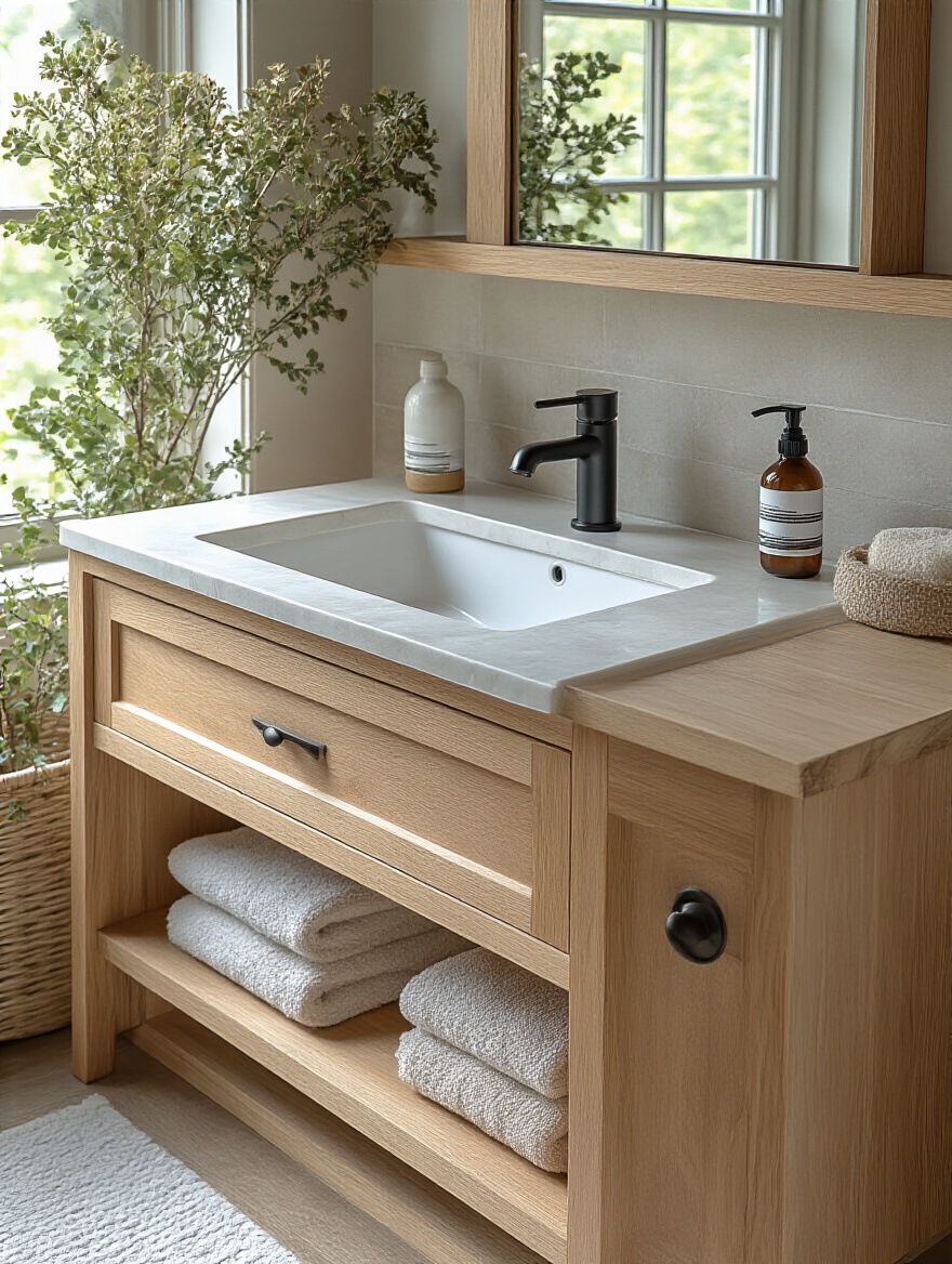Modern bathroom vanity cabinet with waterproof sealant and protective liner inside, well-lit with natural light, no people