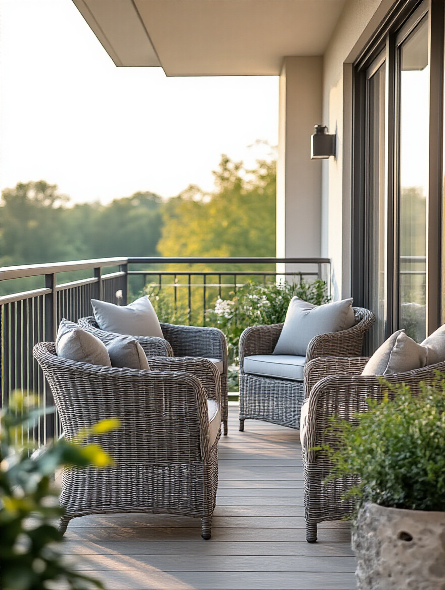 Stylish balcony corner with weather-resistant furniture and protective covers in soft natural light