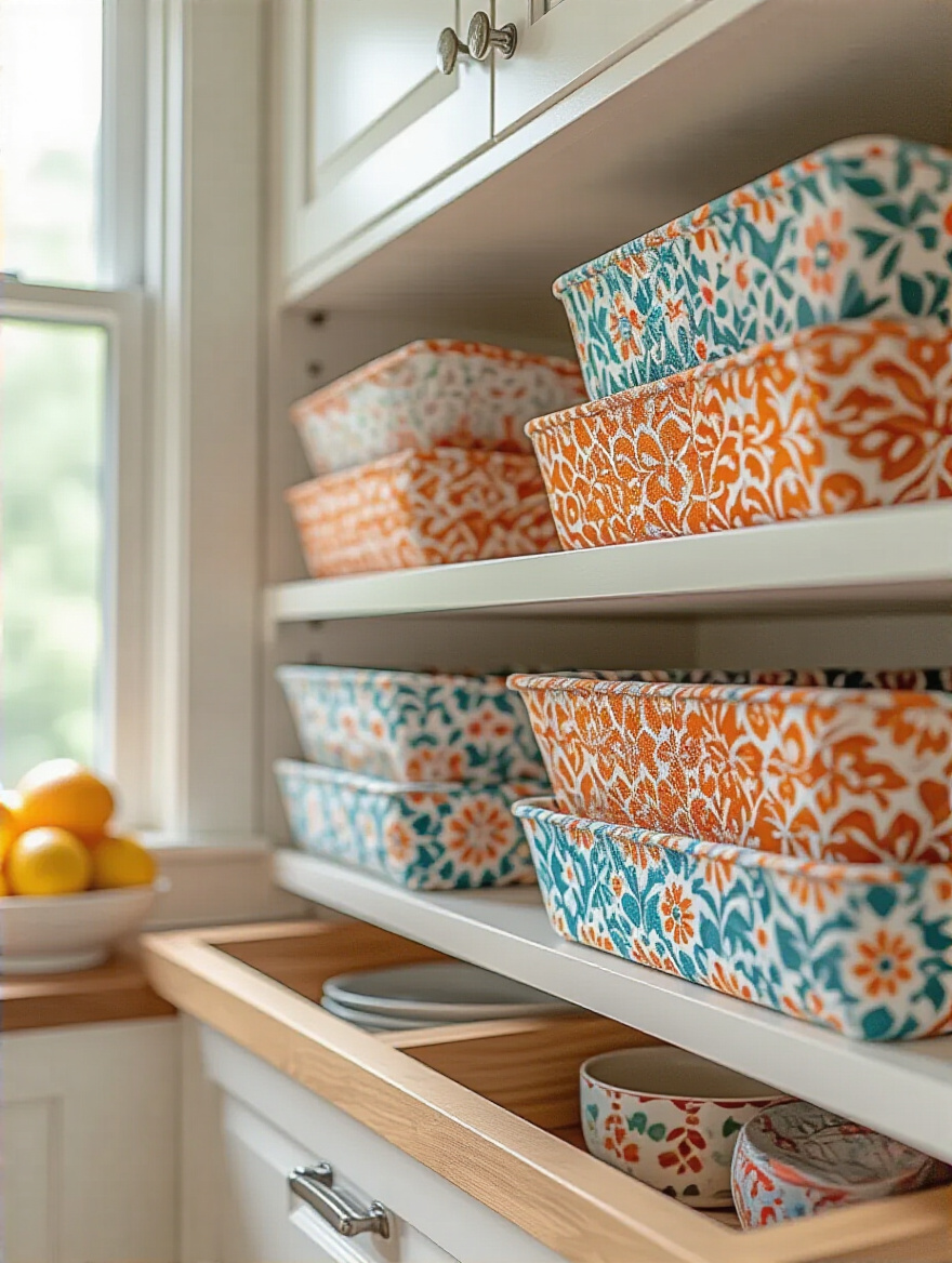 Close-up of a stylish kitchen cabinet interior with vibrant patterned liners applied.