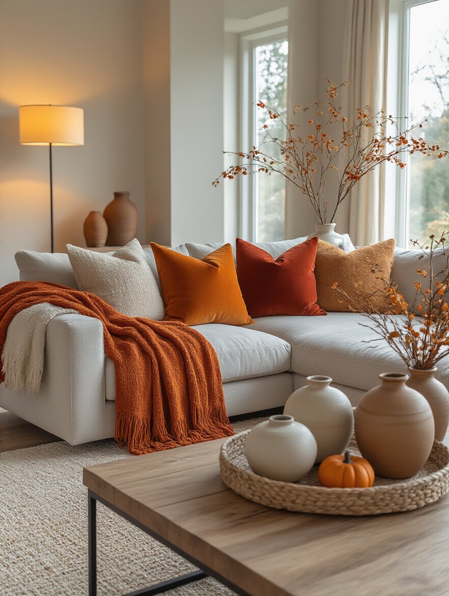 Cozy living room with seasonal decor swaps including throw pillows, blankets, natural accents, and warm ambient lighting