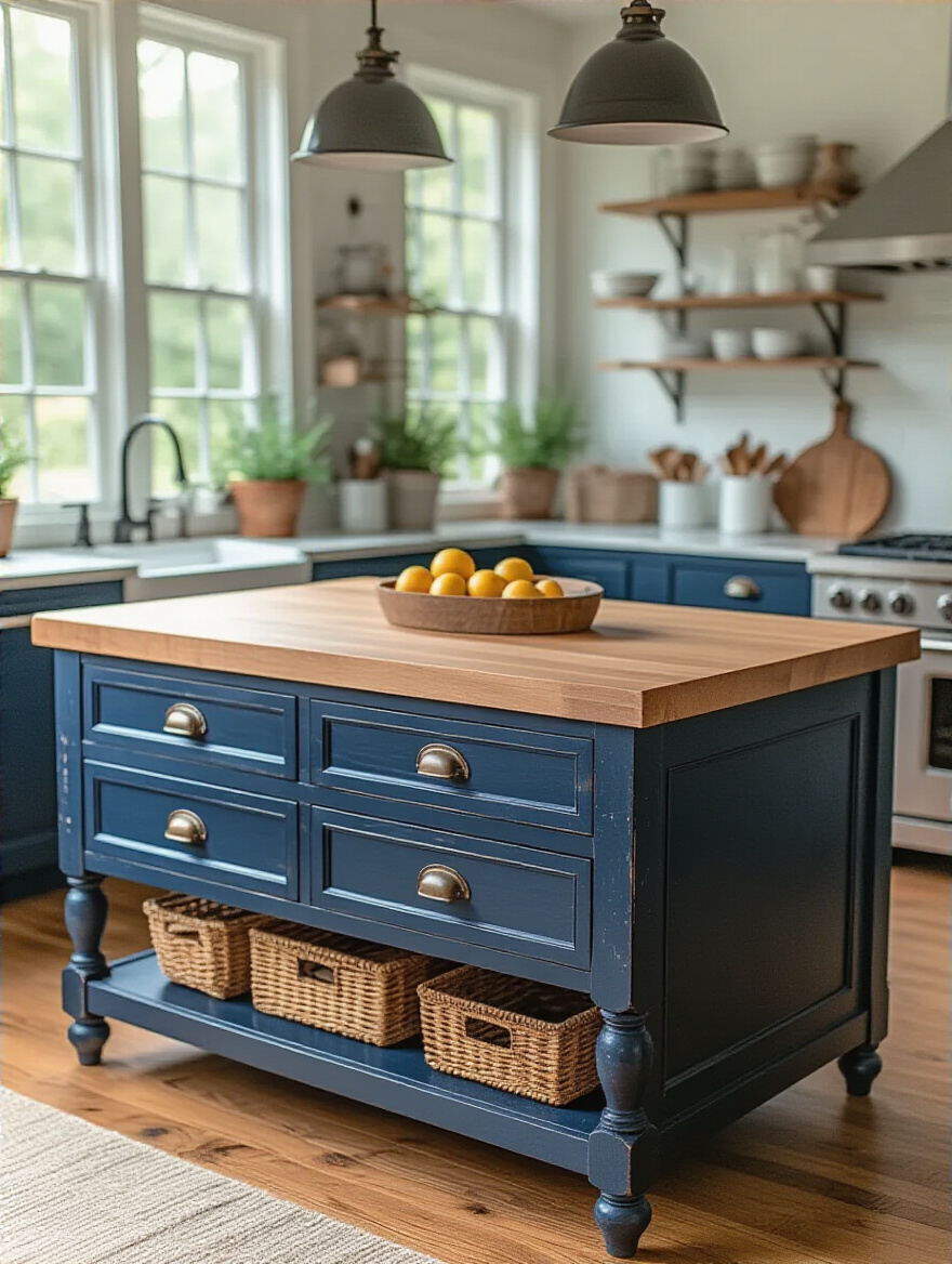 Repurposed vintage dresser kitchen island with butcher block countertop in a modern kitchen