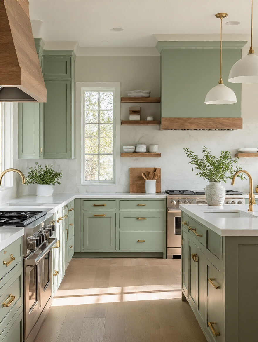 Modern kitchen with muted green cabinets and white countertops showcasing current paint trends.