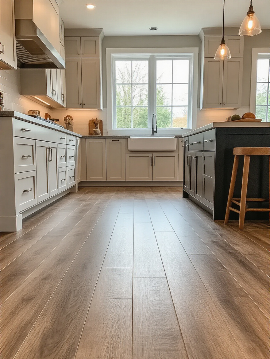 A modern kitchen with a resurfaced wood-look luxury vinyl plank floor, showcasing a stylish and inviting space.