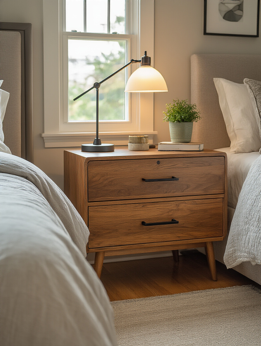 Stylish wooden nightstand with lamp, plant, and book in a well-lit modern bedroom corner