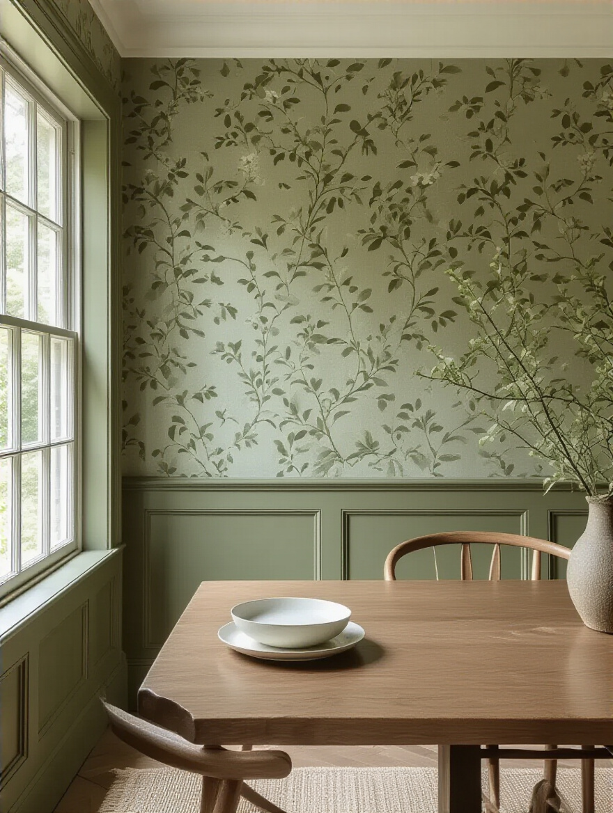 Dining room wall with seamless combination of botanical wallpaper and olive green painted walls separated by a built-in plate rail