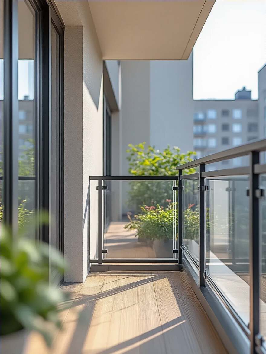 Modern balcony with secure clear acrylic railings installed for pet and child safety, shown in daylight with urban background
