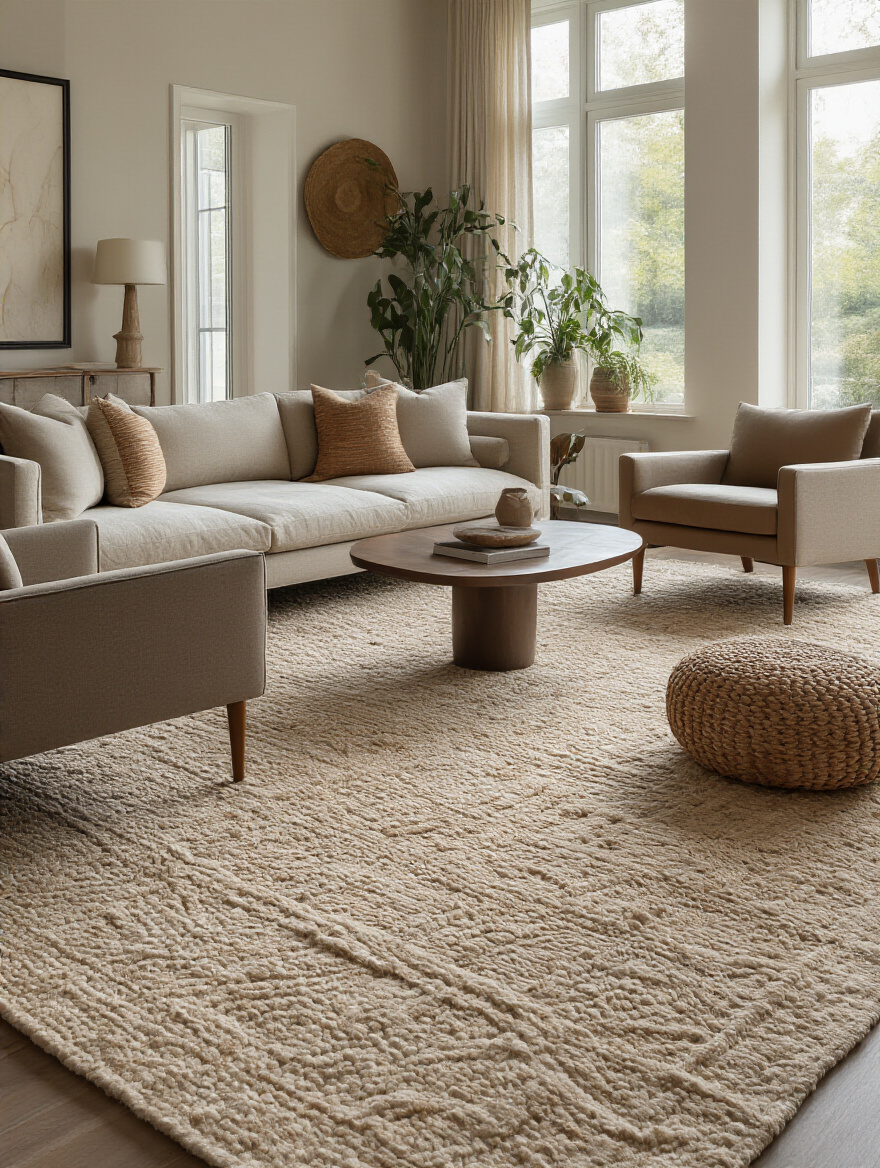 Modern living room with a large area rug anchoring sofa and armchairs, defining seating zone with warm natural light