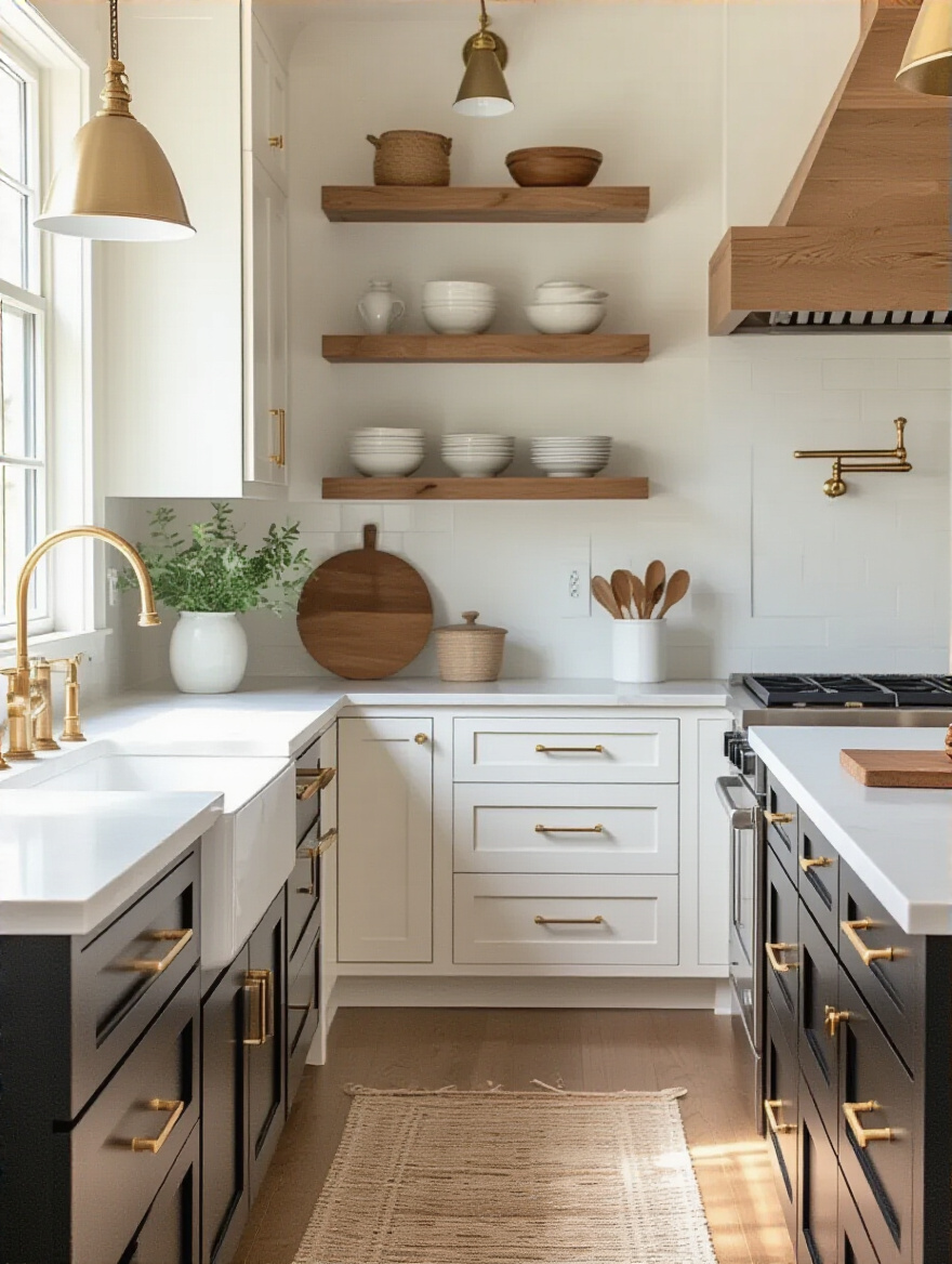 Modern farmhouse kitchen with white shaker cabinets and warm brass hardware