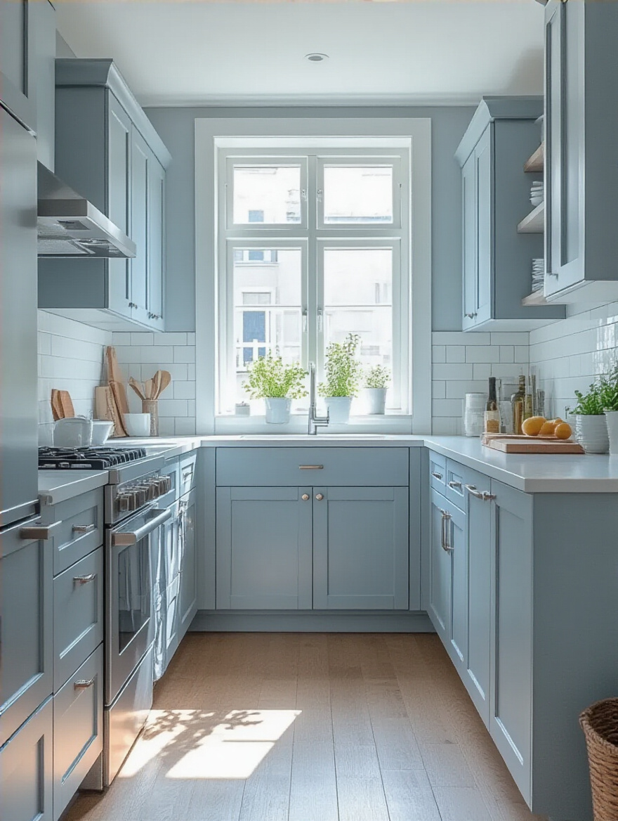 Compact kitchen painted in cooler tones creating an expanded visual space