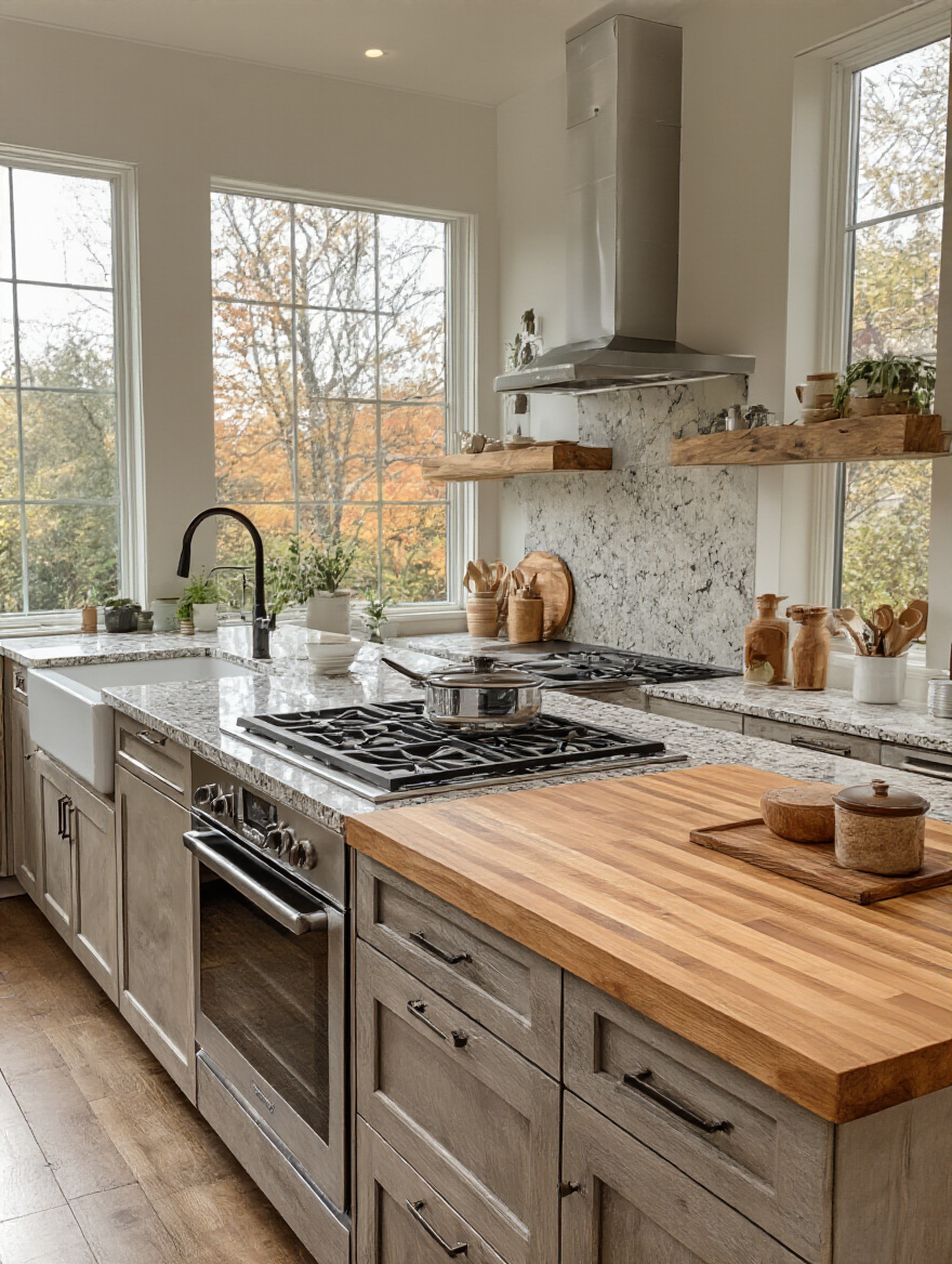 Modern kitchen with various countertop materials displayed