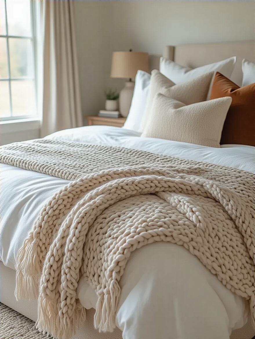 Master bedroom bed styled with cozy throws and decorative pillows layered for added warmth and texture