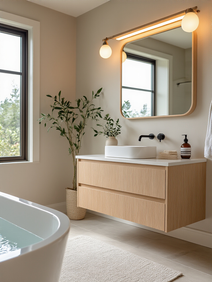 Close-up portrait image of a moisture-resistant bathroom vanity made of durable materials with sealed edges and a multi-layer finish, illuminated by natural and artificial light in a modern bathroom setting