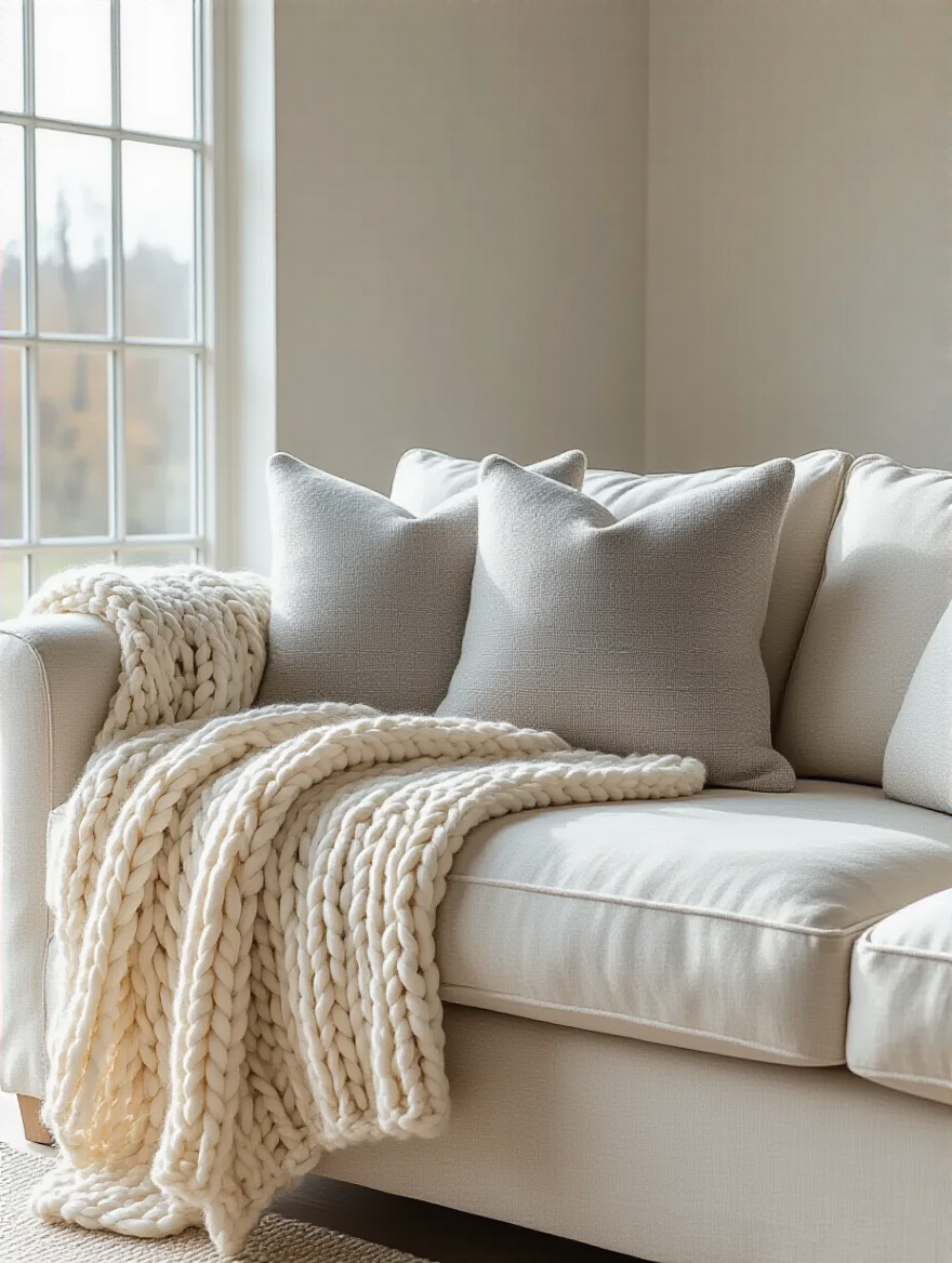 Minimalist living room with throw pillows and blankets for texture