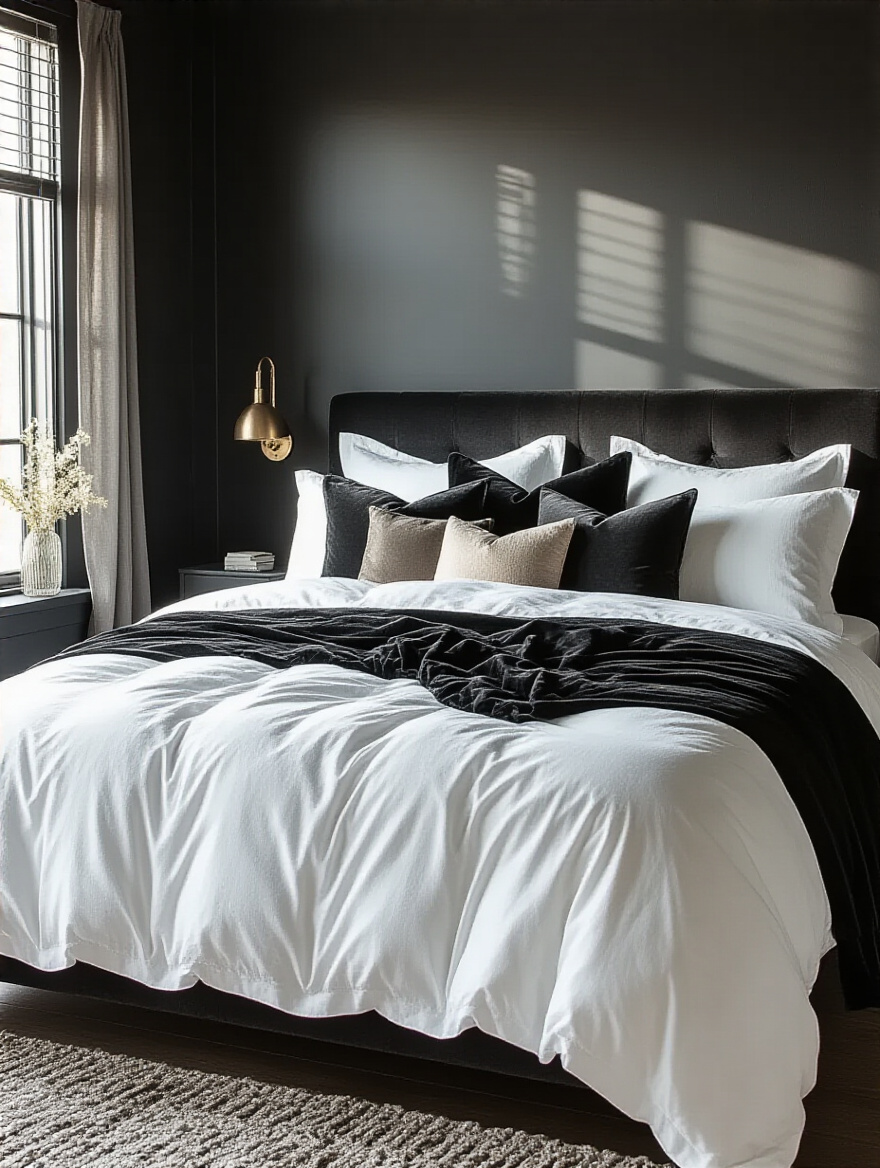 Black bedroom with luxurious high-contrast white bedding as the focal centerpiece, elegant and sophisticated design