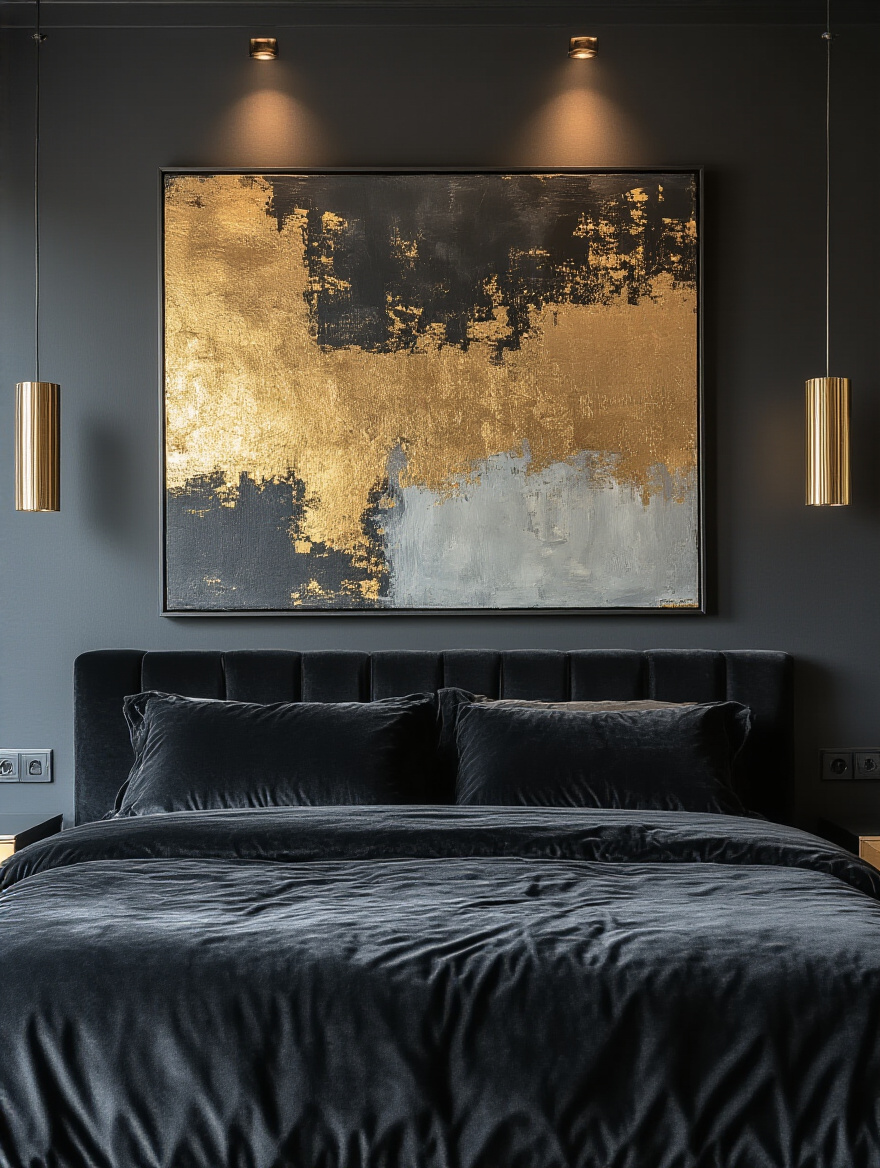 Large-scale abstract artwork with gold accents above a black velvet bed in a sophisticated black bedroom