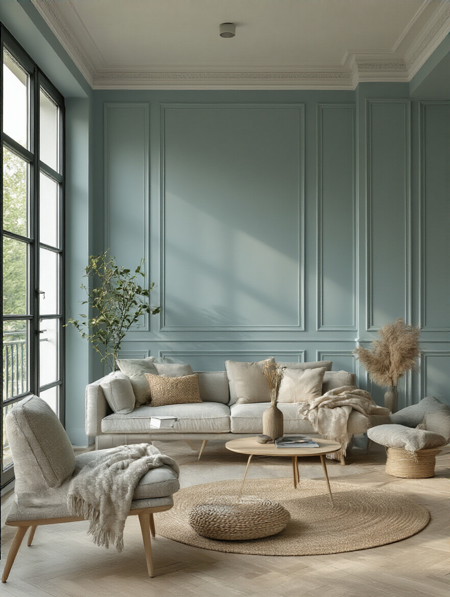 Living room interior painted with cool pale blue and muted green tones, brightened by natural daylight, showcasing enhanced mood and perceived room size.