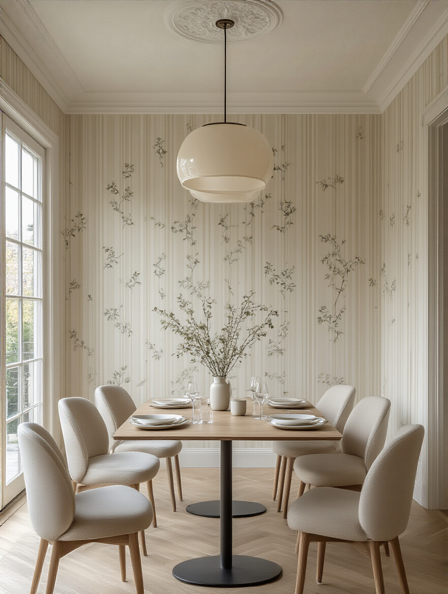 Modern dining room with vertical striped and small-scale botanical patterned wallpaper expanding and defining the space