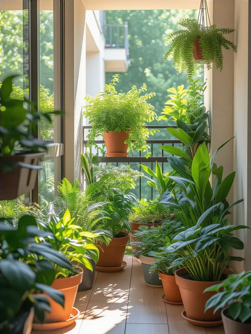 Balcony garden with plants selected for correct sunlight exposure and size in various pots, showing lush greenery and optimal space use