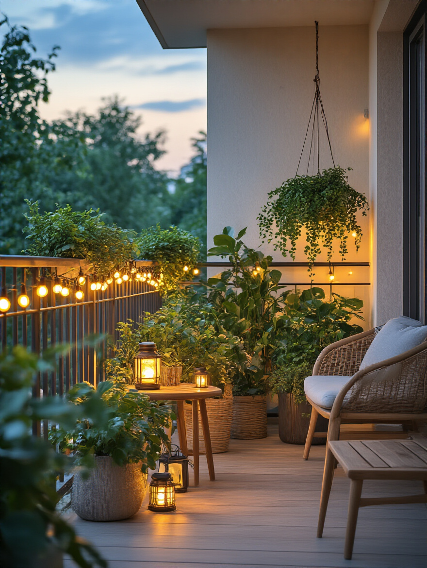 Portrait image of a balcony illuminated by solar-powered string lights, lanterns, and spotlights creating a warm sustainable evening glow