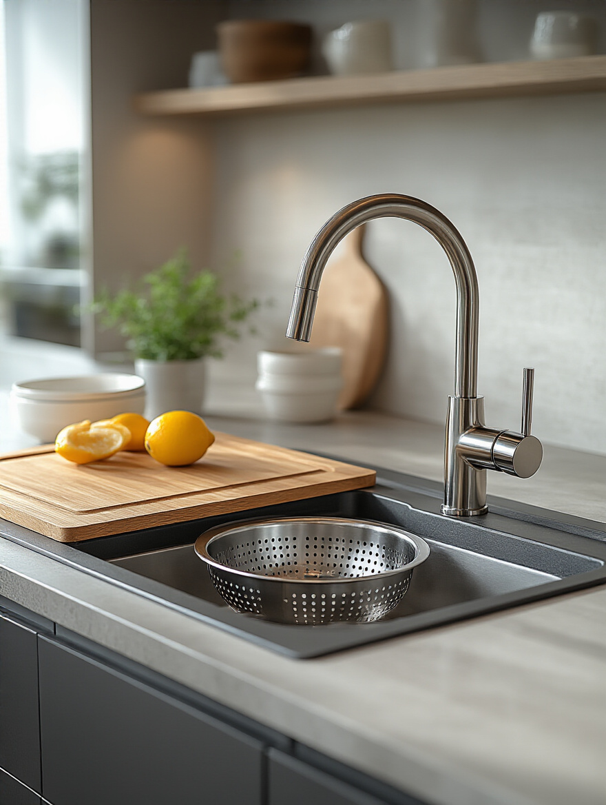 Modern kitchen showcasing a functional and stylish sink and faucet combination with integrated accessories.