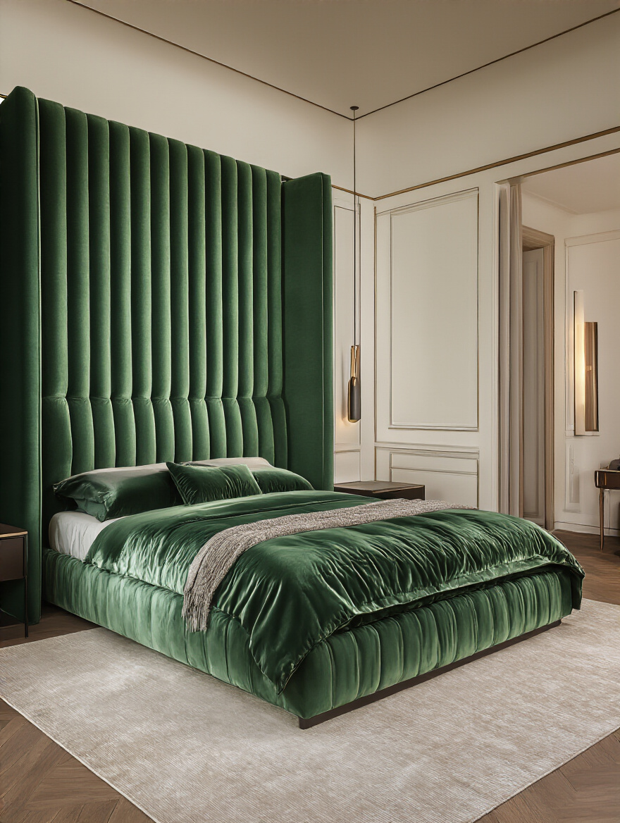 Master bedroom with a tall emerald velvet upholstered statement headboard as the focal point, professional photo, no people