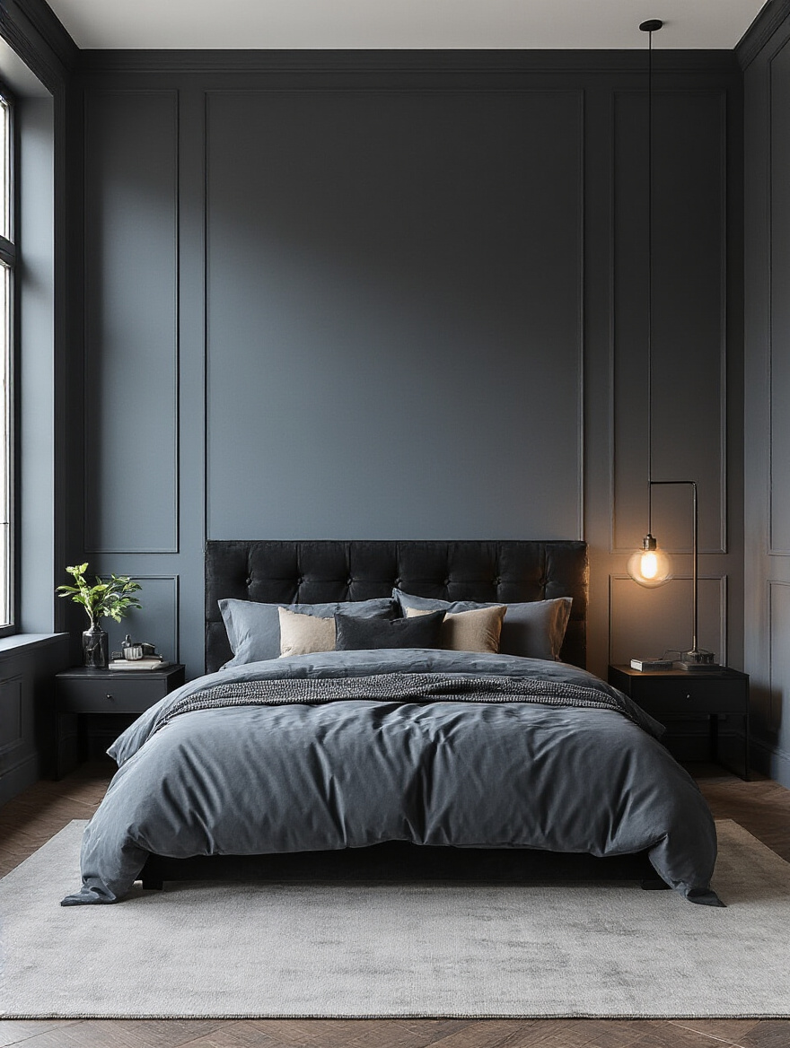 Elegant black bedroom with deep cool grey-black walls, soft natural and warm ambient lighting, showcasing black bedroom inspiration