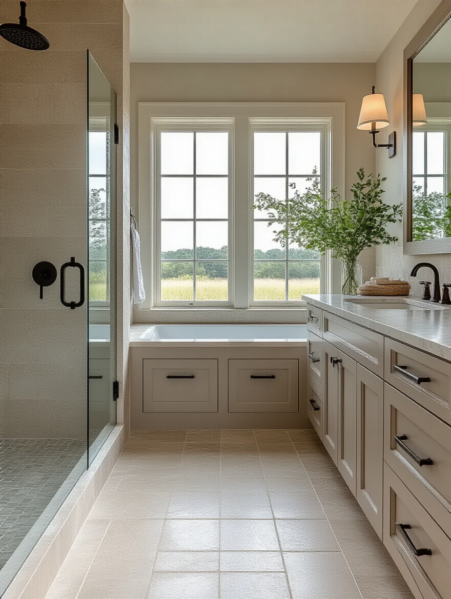 Coastal bathroom with durable and water-resistant materials including porcelain tiles and quartz countertop.