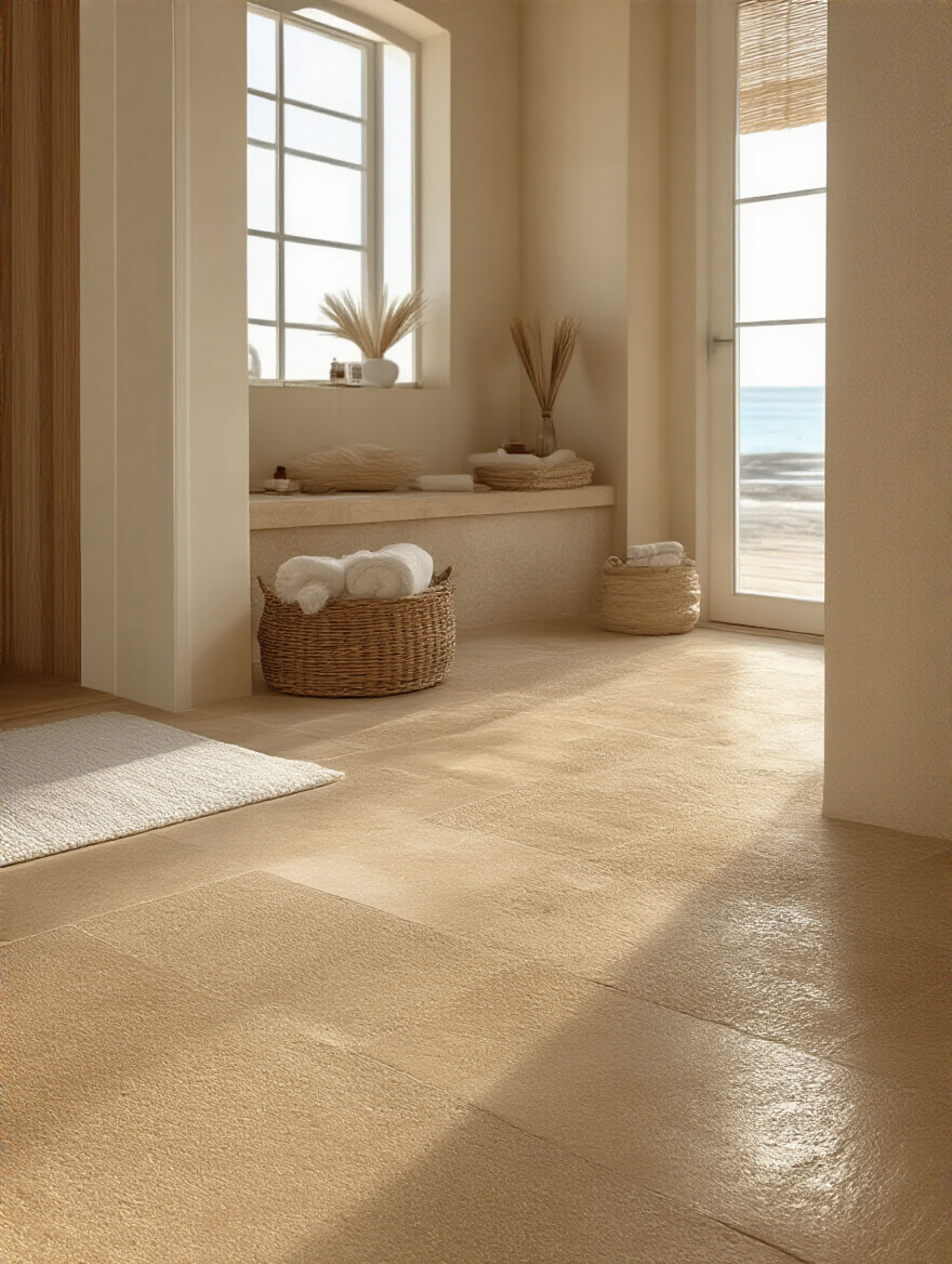 Coastal bathroom with non-slip, sand-toned floor tiles