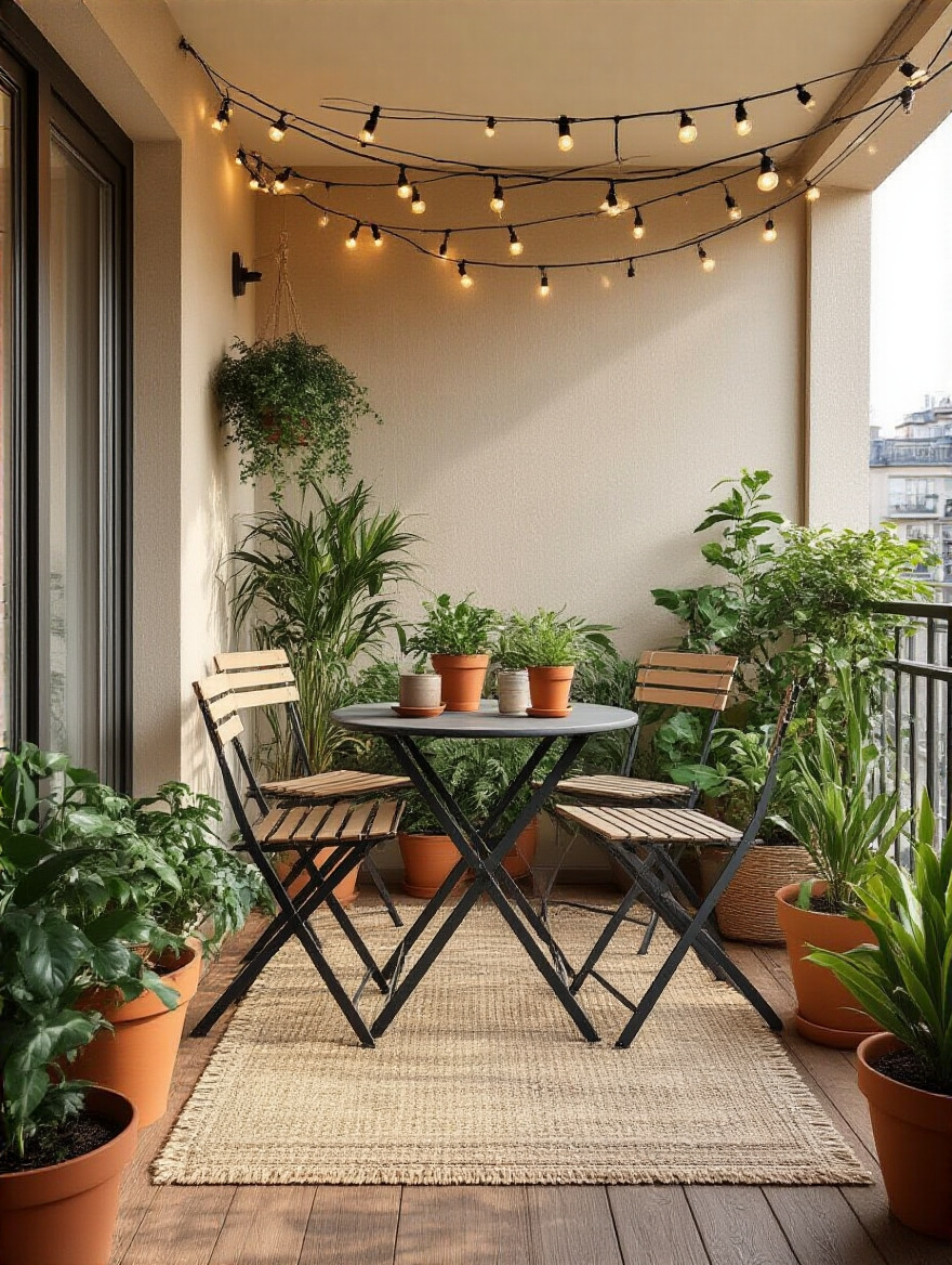 Cozy small balcony with budget-friendly furniture, potted plants, solar string lights, and a weather-resistant rug in natural daylight