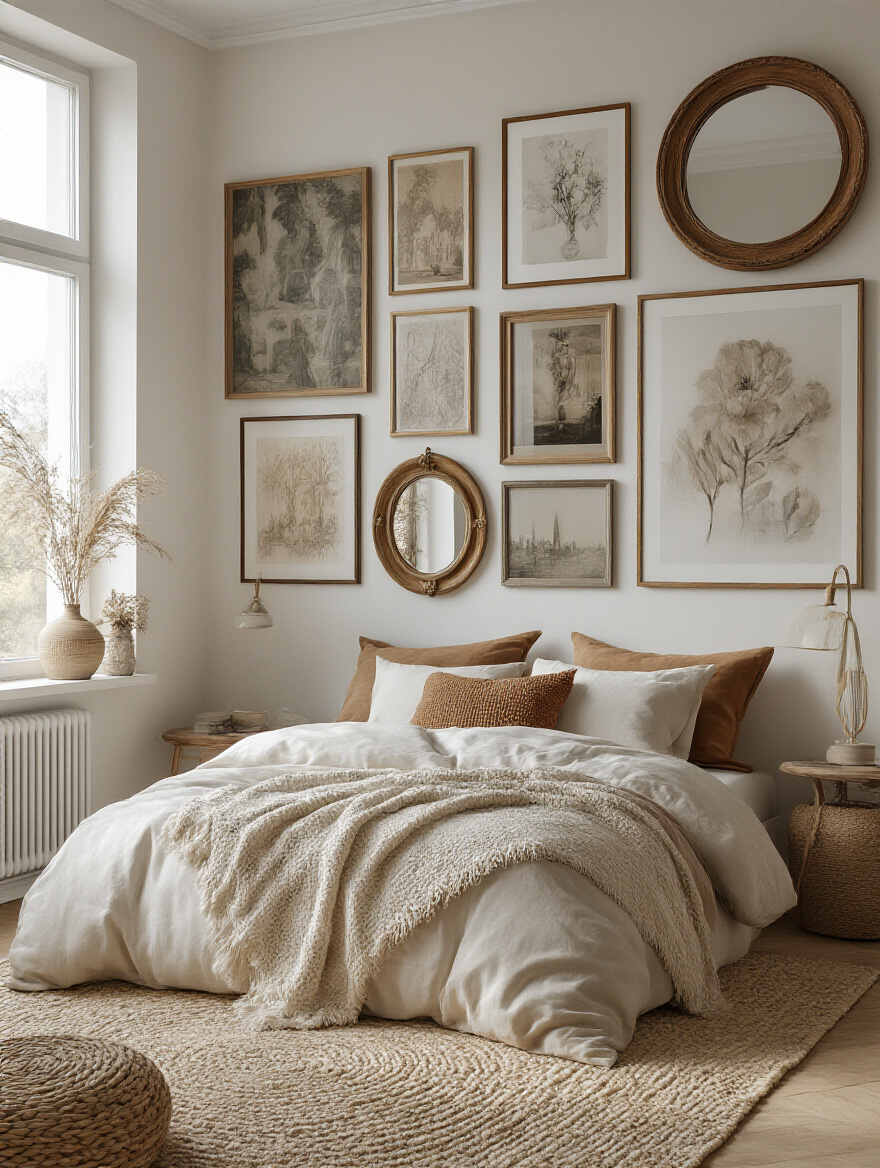 A stylish bedroom wall decorated with a mix of art pieces and mirrors, illustrating a well-planned wall decor budget.