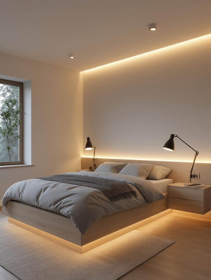 Modern bedroom with layered lighting zones including ambient, task, and accent lights creating a warm and inviting ambiance
