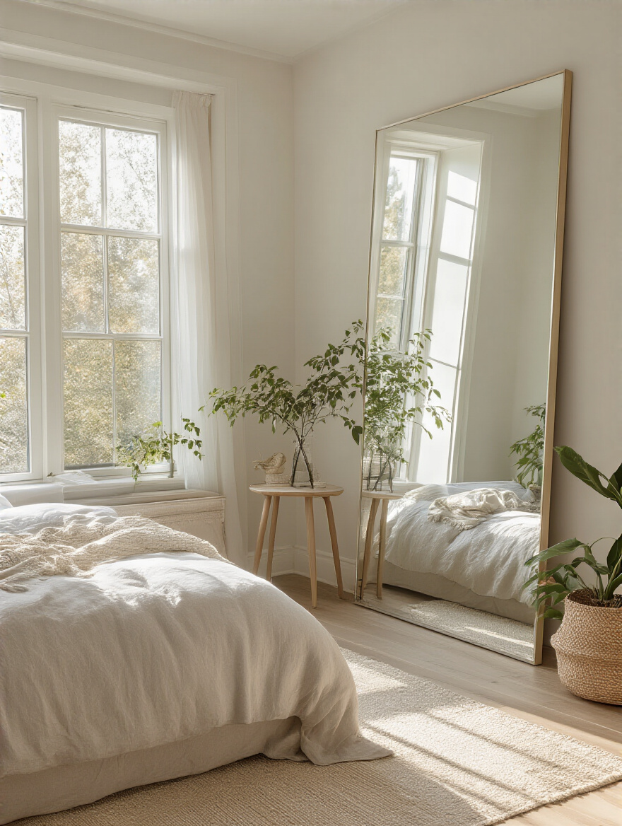 Elegant bedroom with strategically placed mirrors reflecting light and decor