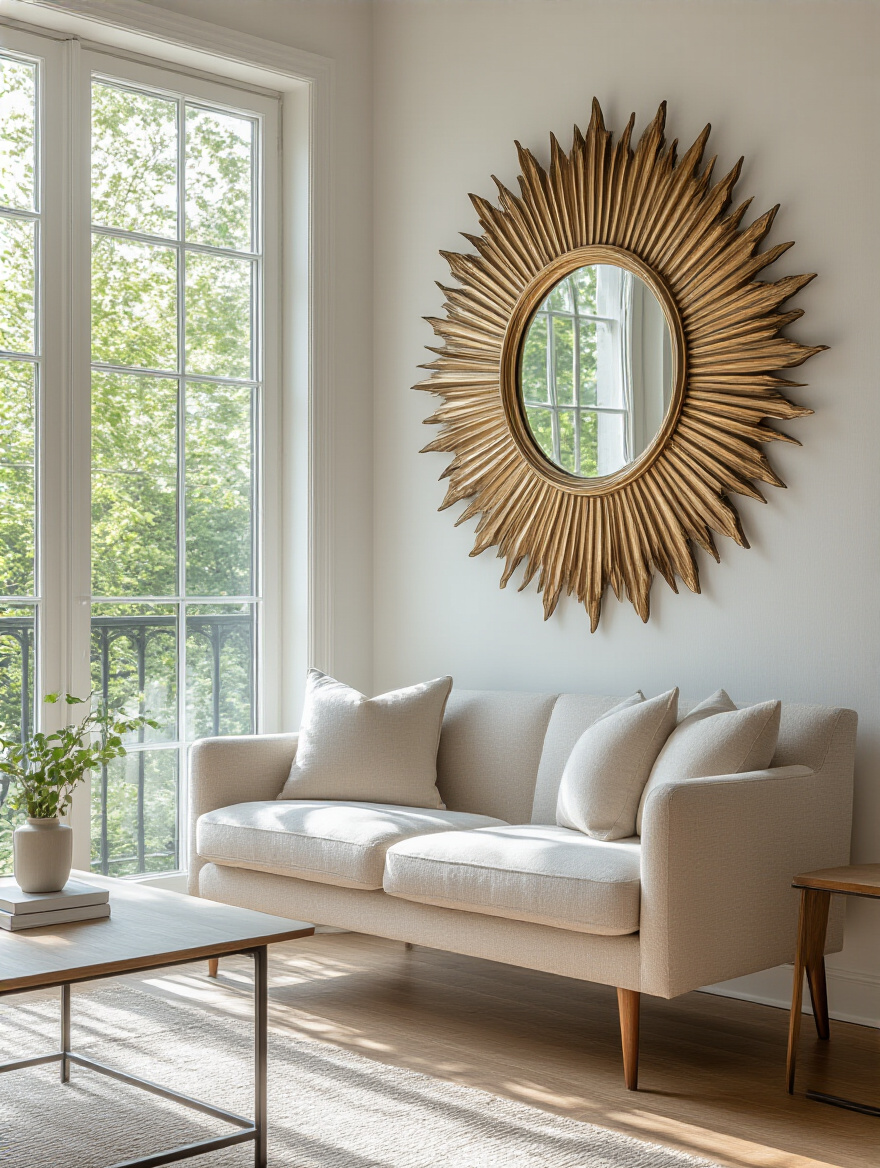 Bright small living room with a large sunburst mirror opposite a window reflecting natural light and outdoor scenery