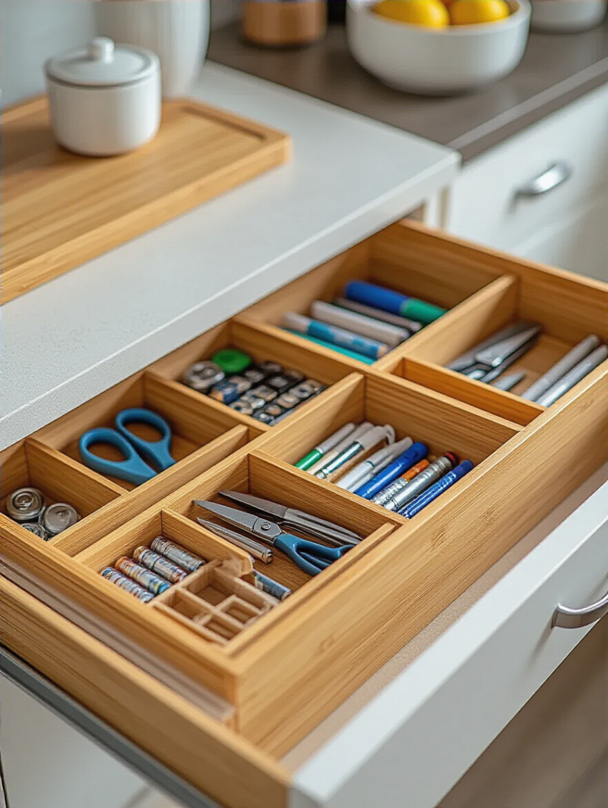 Organized kitchen junk drawer with expandable bamboo dividers separating small items like scissors, batteries, and pens