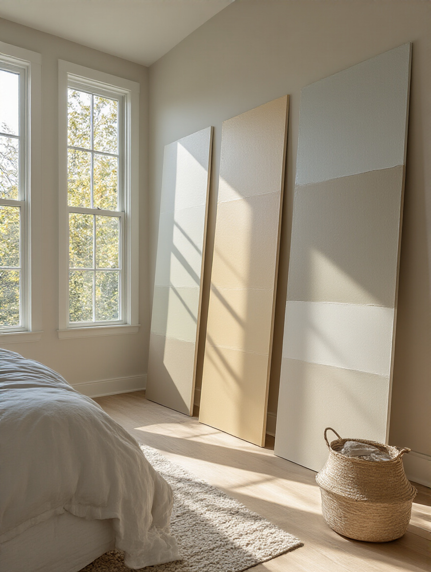 Large paint sample boards displaying different paint shades on bedroom walls under natural morning light