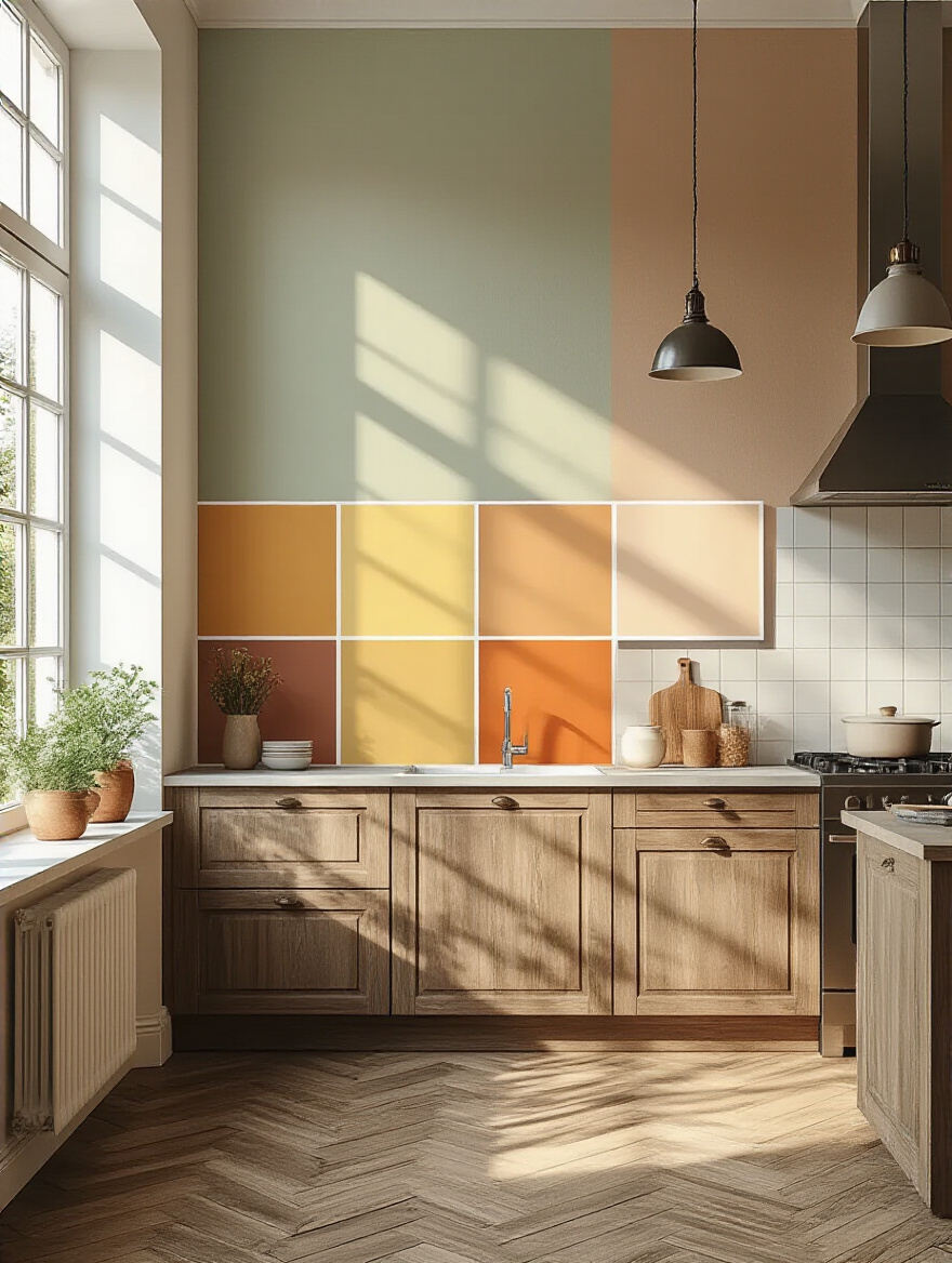A kitchen with different paint swatches on multiple walls under varying light conditions.