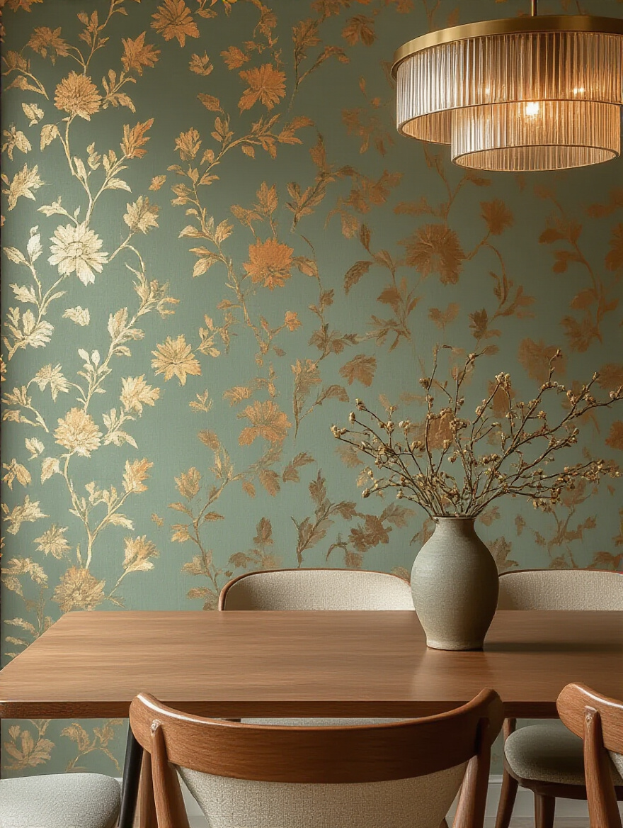 Dining room with wallpaper showcasing warm burnt orange and muted sage green colors illustrating color psychology principles