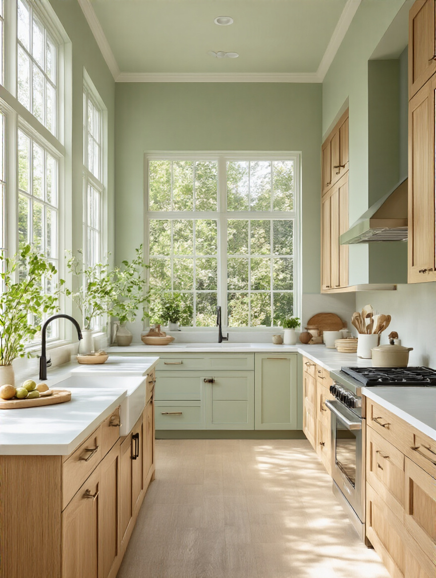 A serene kitchen with light sage green walls and warm wooden cabinets, showcasing the impact of color psychology.