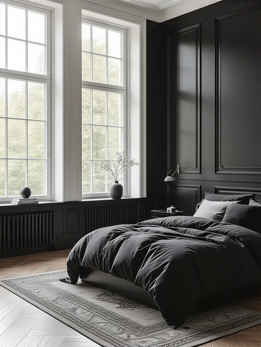 Black bedroom with contrasting gloss and matte black surfaces showcasing sophisticated finish differences